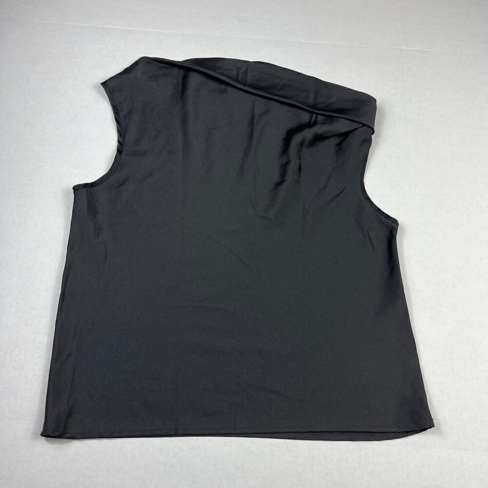 Renee C USA Blouse Black Satin Lightweight Asymmetric Top Short Sleeve SMALL